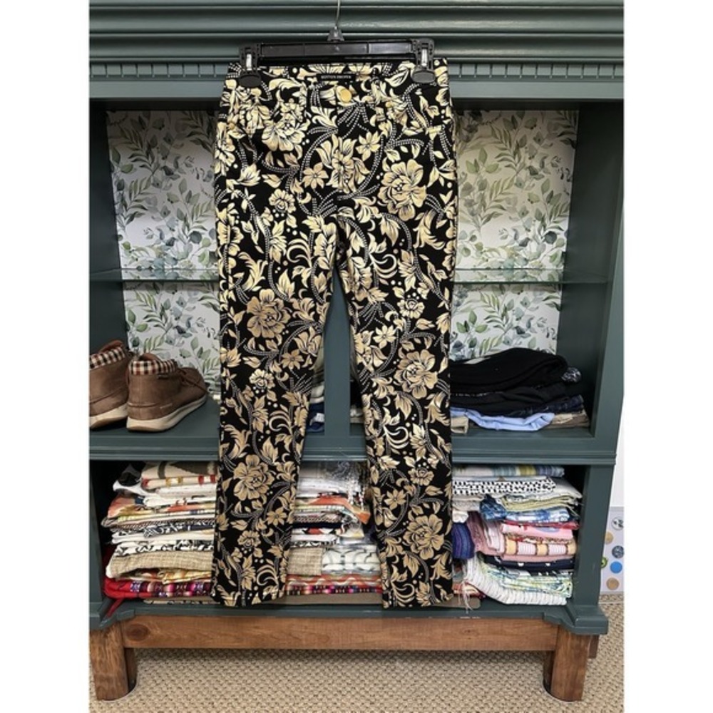 Boston Proper Black Metallic‎ Gold Floral Pants Size 0